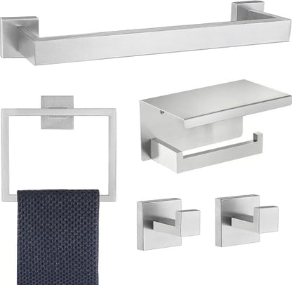 5 Pieces Bathroom Hardware Accessories Set Brushed Nickel, 24Inch Square Towel Racks Set for Bathroom, SUS304 Stainless Steel Towel Bar Set,Toilet Paper Holder with Shelf Wall Mounted