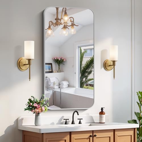 FORBATH 24x48 Inch Silver Bathroom Mirror for Over Sink, Narrow Rectangular Full Length Mirror with Metal Frame, Rounded Corners for Bathroom, Bedroom, Entryway Decor (Horizontal or Vertical)