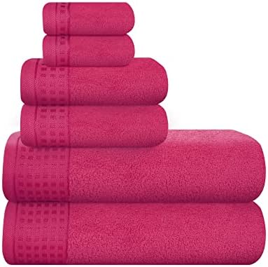 GLAMBURG 100% Cotton Ultra Soft 6 Pack Towel Set, Contains 2 Bath Towels 28x55 Inches, 2 Hand Towels 16x24 Inches & 2 Wash Coths 12x12 Inches, Compact Absorbent Lightweight & Quickdry - Hot Pink