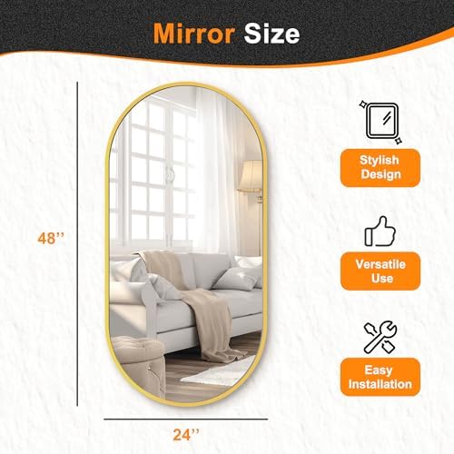 Delma 48x24 Gold Oval Bathroom Mirror for Over Sink, Aluminum Frame