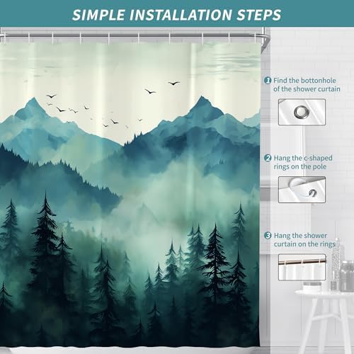 Teal Misty Foggy Forest Shower Curtain for Bathroom 72W*72H Inch Nature Tree Mountain Woodland Bathtub Decor Pine Tree Natural Country Cool Masculine Aesthetic Waterproof Polyester Fabric