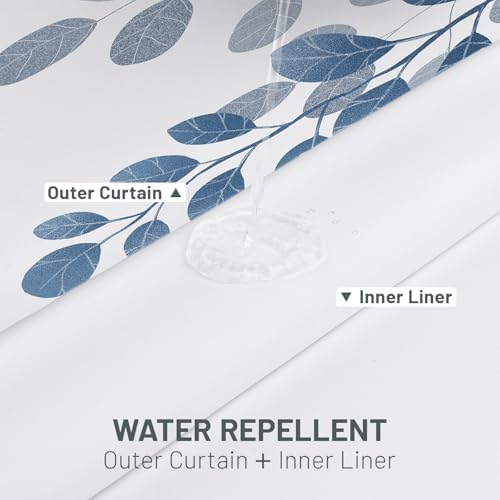 WITHLOC No Hook Floral Shower Curtain with Liner, Blue, 71x74