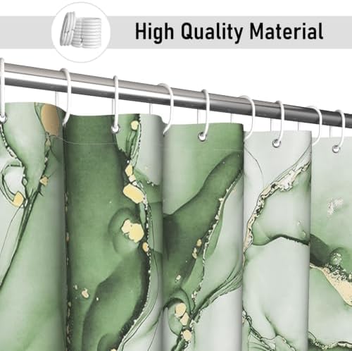 Olive Green Marble Shower Curtain Modern Abstract Luxury Gold Ink Texture Ombre Watercolor Bathroom Curtain Set with Hooks Soft and Lightweight Waterproof Fabric Machine Washable 72" Wx84 L