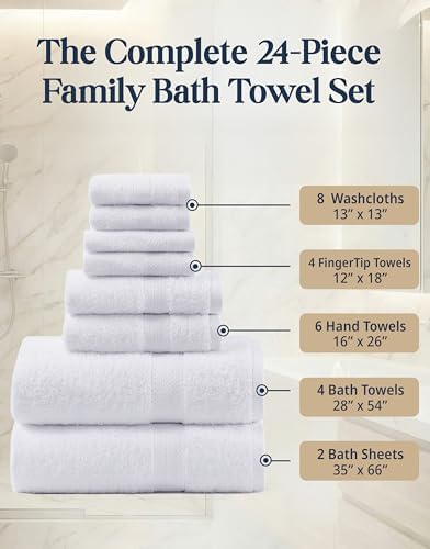 LANE LINEN Bath Towel Set 100% Cotton 24 Piece Soft Absorbent - White