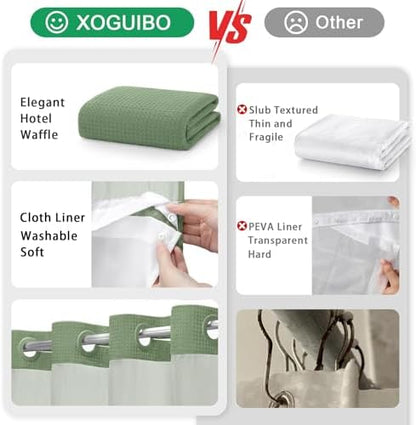 No Hook Shower Curtain with Liner Set Hotel Waffle Curtain Green 72W X 75L