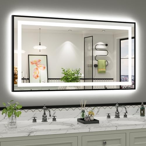 55x30 Inch LED Bathroom Mirror with Black Frame, Backlit & Front Lit