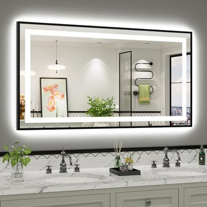 55x30 Inch LED Bathroom Mirror with Black Frame, Backlit & Front Lit