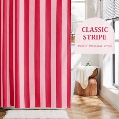 Ohocut Vertical Striped Shower Curtain, Cute Retro Vintage Stripe Farmhouse Bathroom Shower Curtain, Waterproof Polyester Fabric Modern Shower Curtain for Bathroom 72x72 Inches (Double Pink)