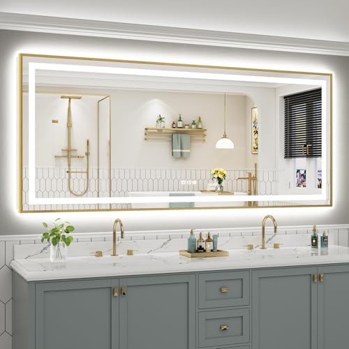 88x38 Inch LED Bathroom Mirror with Gold Frame, Backlit & Front Lit