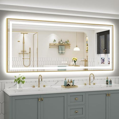 88x38 Inch LED Bathroom Mirror with Gold Frame, Backlit & Front Lit