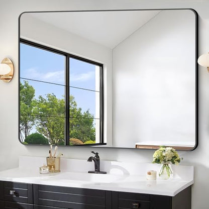 FORBATH Large Bathroom Mirror 48 x 36 Inches，Black Large Wall Mirror Aluminum Frame Wall Mounted Rounded Corner Morndern Mirror for Bathroom Bedroom Entryway Living Room