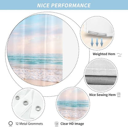 Ocean Beach Coastal Seaside Shower Curtain for Bathroom 72W*72H Inch Nautical Summer Seacoast Beachy Waves Bathtub Decor Seascape Neutral Waterproof Polyester Fabric Set with 12 Hooks