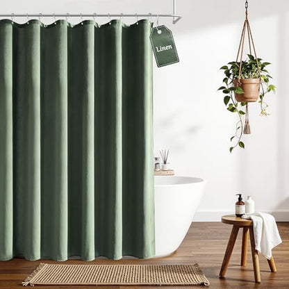 Nanspring Extra Long Linen Shower Curtain for Bathroom 90 Inch Olive Green
