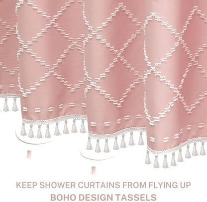 Siiluminisoy Boho Pink Textured Shower Curtain with Tassels 72 x 72 Tufted Chevron Striped Chenille Woven Fabric Cloth Shower Curtain Modern Farmhouse Minimalist, Shabby Chic Home Decor for Bathroom