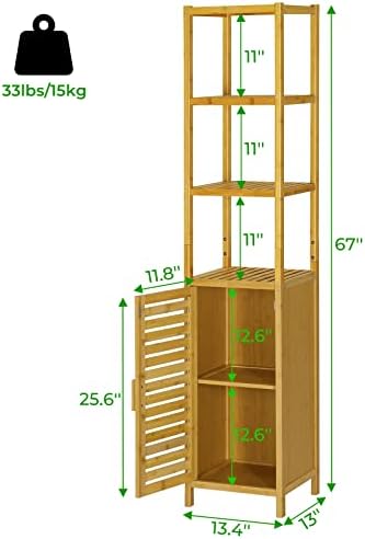 VIAGDO Storage Tall Slim Cabinet with Shutter Door and 3 Tier Shelves, Freestanding Linen Tower Cabinet for Living Room, Kitchen, Bathroom Organizer, Natural Bamboo