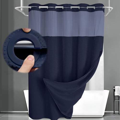 No Hook Shower Curtain with Liner Set Hotel Waffle Curtain Blue 72W X 75L