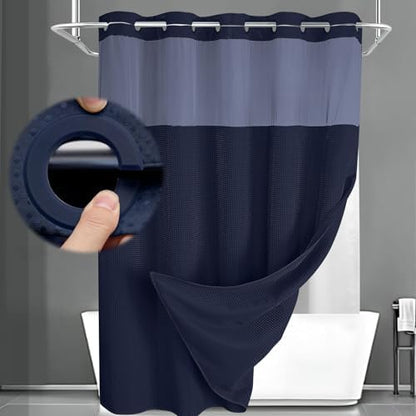 No Hook Shower Curtain with Liner Set Hotel Waffle Curtain Blue 72W X 75L