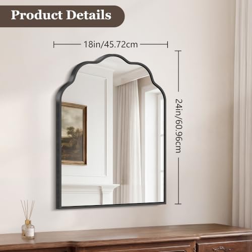Arched Scalloped Mirror, 18×24Inch Black Mirror for Bathroom, Wavy Wall Mounted Vanity Mirror with Aluminum Alloy Frame for Livingroom Bedroom and Entryway, Tempered Glass
