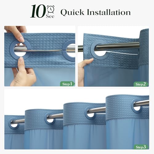 Dynamene Moonlight Blue Hook Free Waffle Shower Curtain & Snap Liner,72x75