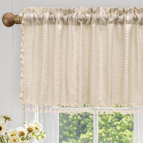 Seenus Boho Farmhouse Linen Valance Curtain, 52x18 inch Soft Light Filtering & Privacy Window Valance with Tassels for Living Room Kitchen Bathroom, Rod Pocket, Beige Cream