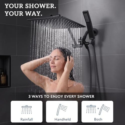 G-Promise All Metal 10" Dual Square Shower Head Combo | Rain Shower Head | Handheld Shower Wand | Adjustable | 3-Way Diverter | 71" Extra Long Hose - A Bathroom Upgrade (Matte Black)