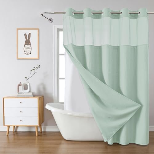 No Hook Waffle Shower Curtain with Snap-in Liner, 71x77 Inch, Mint Green