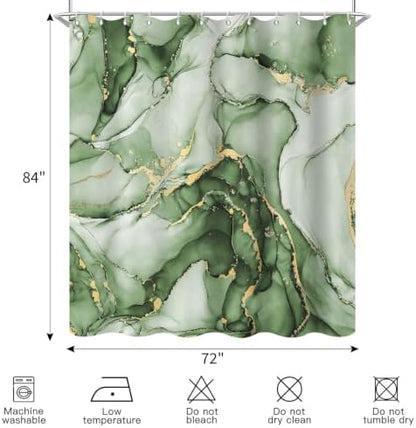 Olive Green Marble Shower Curtain Modern Abstract Luxury Gold Ink Texture Ombre Watercolor Bathroom Curtain Set with Hooks Soft and Lightweight Waterproof Fabric Machine Washable 72" Wx84 L