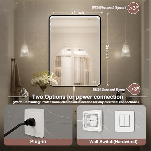 36x24 Inch Black Frame LED Lighted Bathroom Mirror,ETL Listed