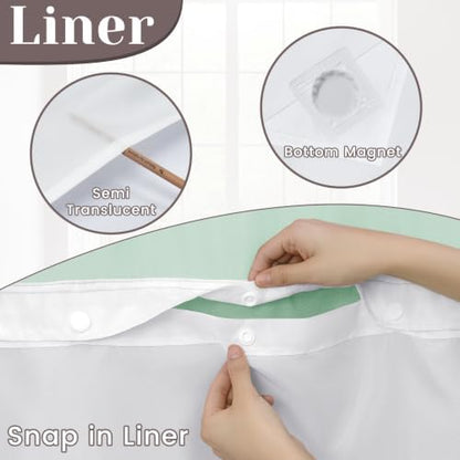 SORTTO No Hook Slub Shower Curtain with Liner, 71x74, Aqua Green