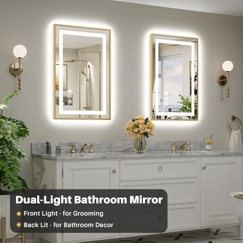 24x36 Inch LED Bathroom Mirror with Gold Frame, Backlit & Front Lit