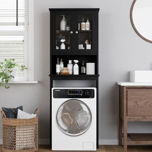 Shintenchi Over The Toilet Storage Cabinet, Bathroom Shelf Organizer with Anti-Tip Device Small Freestanding Space Saver with Adjustable Shelf and Glass Door, Black