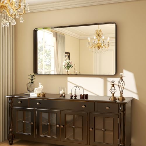Easly 48"x30" Black Bathroom Mirror - Modern Black Mirror for Wall with Rounded Corners, Bathroom Mirrors for Vanity, Aluminum Alloy Framed Mirror Portrait or Landscape Hang
