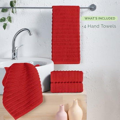 Elegant Comfort Luxury 100% Turkish Cotton Corduroy Ribbed 4 Pack Hand Towel Set 16 x 28 Inch - Absorbent, Super Soft, Quick Dry, Premium Towels for Bathroom, Gym, Spa and Hotel Use, Red
