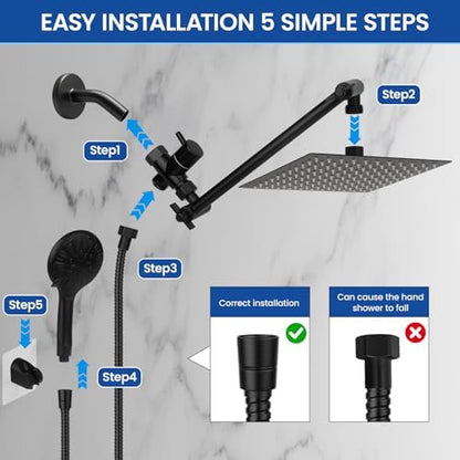 Shower Head, 12'' High Pressure Rainfall/Handheld Shower Combo, Matte Black