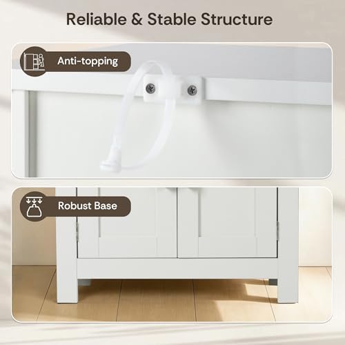 VUSIGN Bathroom Floor Cabinet, Farmhouse Storage Cabinet with 4 Doors, Adjustable Shelves, Modern Freestanding Storage Unit, Versatile Cupboard for Kitchen Living Room, Dining Room, Entryway, White