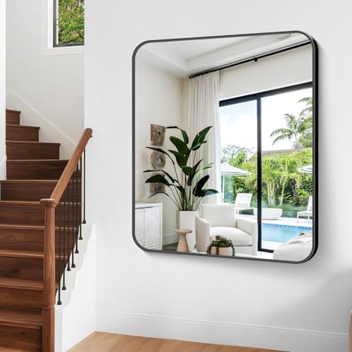 Bathroom Mirror, 48 x 40 inch Black Rectangle Wall Mirror, Metal Frame Rectangular Vanity Mirror, Rounded Corner Wall Mounted Mirror for Modern Bedroom Living Room Hangs Horizontal/Vertical