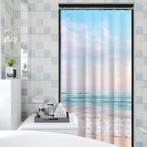 Small Stall RV Half Size Ocean Beach Coastal Seaside Shower Curtain for Bathroom 36W*72H Inch Nautical Summer Beachy Bathtub Decor Waterproof Polyester Fabric Set with 12 Hooks(6 Holes)