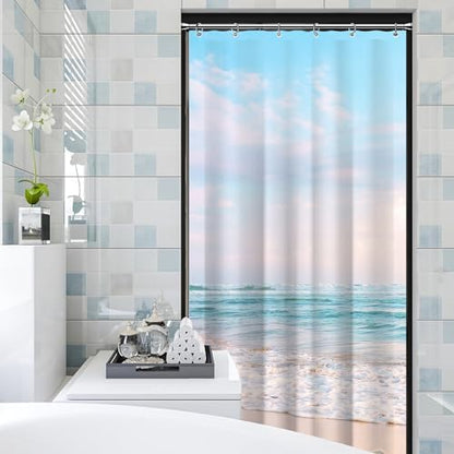 Small Stall RV Half Size Ocean Beach Coastal Seaside Shower Curtain for Bathroom 36W*72H Inch Nautical Summer Beachy Bathtub Decor Waterproof Polyester Fabric Set with 12 Hooks(6 Holes)
