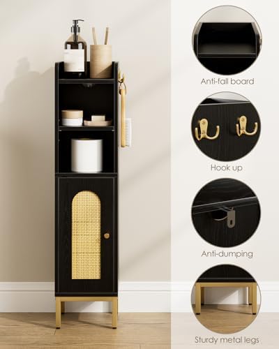 Bathroom Storage Cabinet, Small Corner Floor Hutch with 2Hooks,Narrow Toilet Paper Cabinet with Rattan Door,Bathroom Organizer with Adjustable Shelf, for Small Spaces(Classic-Rattan, Black)