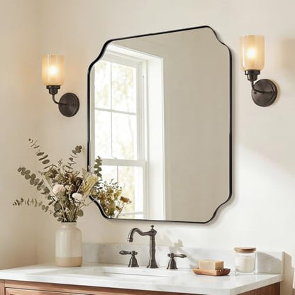 ANDY STAR 30x36 Inch Bathroom Mirror, Matte Black Vanity Mirror, Modern Scalloped Mirror in Premium Stainless Steel Metal Thin Frame, Unique Rounded Notched Corners, Hangs Vertically or Horizontally