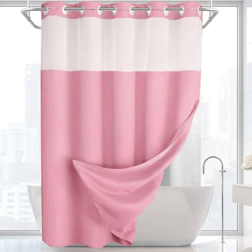 No Hook Shower Curtain with Liner Set Hotel Waffle Blush Pink 72W X 75L