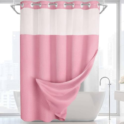 No Hook Shower Curtain with Liner Set Hotel Waffle Blush Pink 72W X 75L