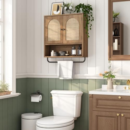 RUSTOWN Rattan Bathroom Wall Cabinet, Boho Medicine Cabinet with 2 Doors