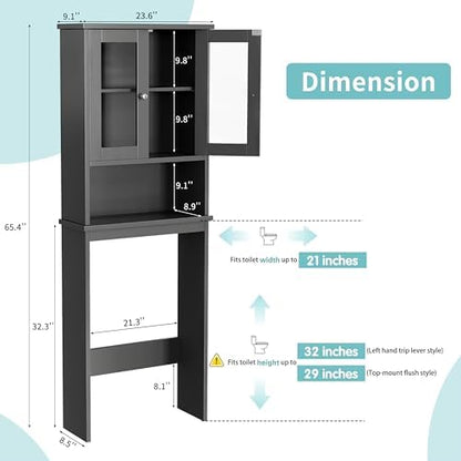 Shintenchi Over the Toilet Storage Cabinet, Bathroom Shelf Organizer with Anti-Tip Device Small Freestanding Space Saver with Adjustable Shelf and Glass Door, Gray