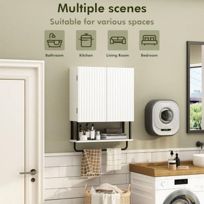 RUSTOWN Fluted Bathroom Wall Cabinet with 2 Doors, 3-Tier Medicine Cabinet