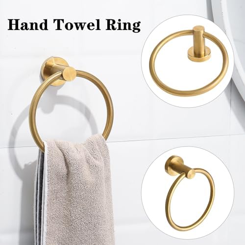 4 Piece Brushed Gold Stainless Steel Bathroom Hardware Set Include Hand Towel Ring, Toilet Paper Holder,and 2 Robe Towel Hooks,Bathroom Accessories Kit