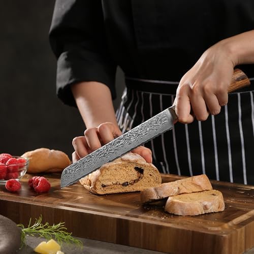 Wakoli EDIB Pro Premium Damascus Bread Knife – Japanese Style Kitchen Knife | 7.9-Inch Blade Made of 67-Layer Damascus Steel with Corrugated Polished Blade | Ergonomic Pakkawood Handle