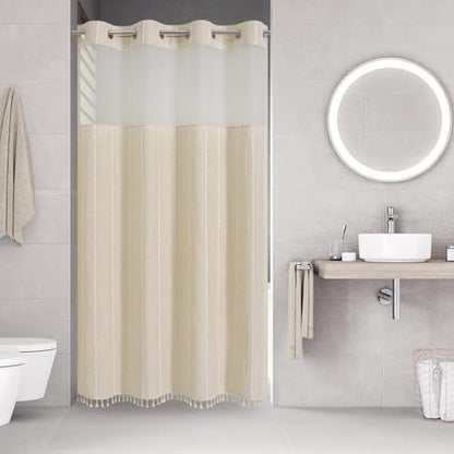eachope No Hook Stall Shower Curtain with Snap-in Fabric Liner - 54x80 Heavy-Duty Linen Textured Striped Design,Narrow Rustic Modern Farmhouse Bohemian Bathroom Curtain,Water-Repellent,Cream/Beige