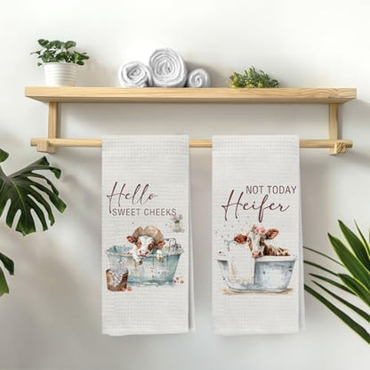 Hello Sweet Cheeks Cow Bathroom Hand Towels, Funny Farmhouse Animal Heifer Bathing Decorative Hand Towels for Bathroom Washroom Toilet Restroom, 16x24 Inch Set of 2