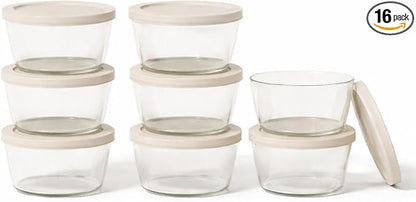 16-Piece Glass Food Storage Containers Set (8 Containers + 8 BPA-Free Lids) | 1-Cup, Leakproof | Microwave, Freezer, Oven & Dishwasher Safe | Ideal for Meal Prep & Pantry Organization, Beige